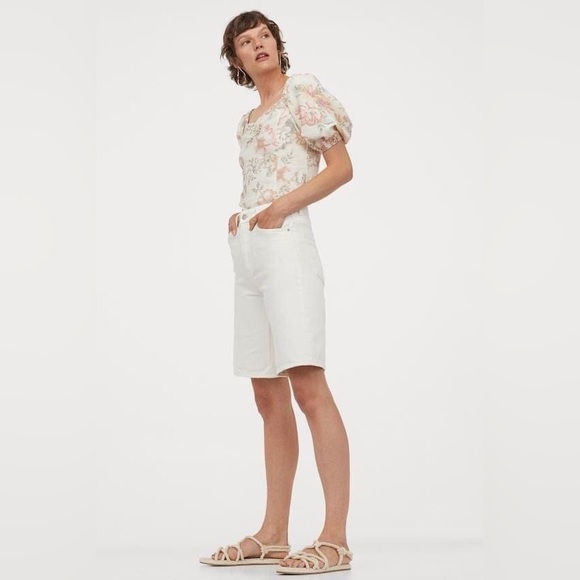 H&M Sweetheart Neckline Linen Blend Dainty Top Floral Puff Sleeves size 6 S/M - Picture 4 of 14